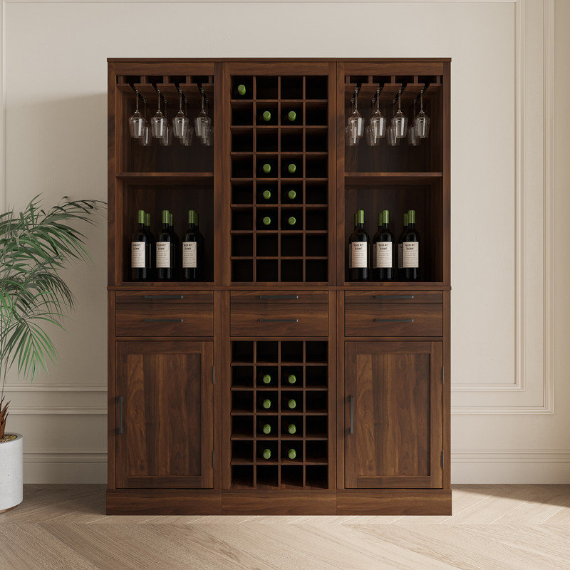 Sebastin 70" Large Wine Bar Cabinet Set,Modern Buffet Sideboard with Storage Shelves, Kithchen Bar with Drawers, Walnut