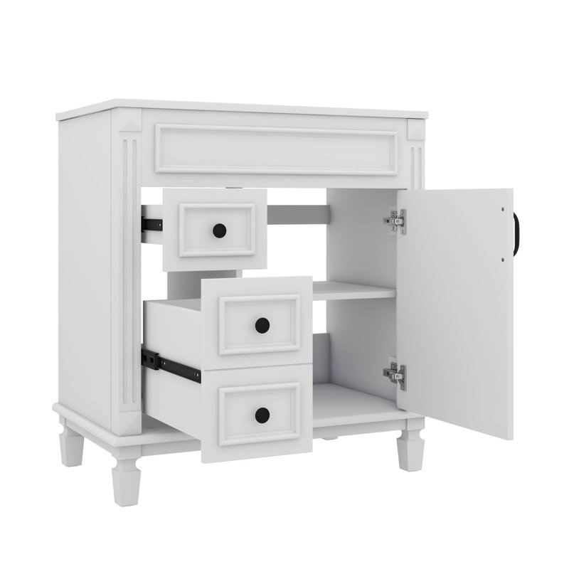 Meuble-lavabo moderne autonome avec lavabo intégré, deux tiroirs de rangement et tablettes réglables, Blanc, Noir, 30"