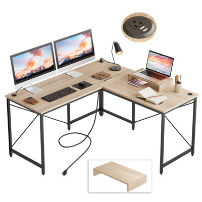 Bureau en coin réversible pour ordinateur 2 personnes Bac pour bureau à domicile avec prise de courant et support pour écran