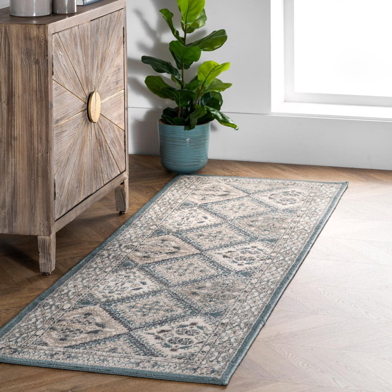 Shawna Tiled Southwestern Performance Blue Area Rug, Runner 2'6" x 8'