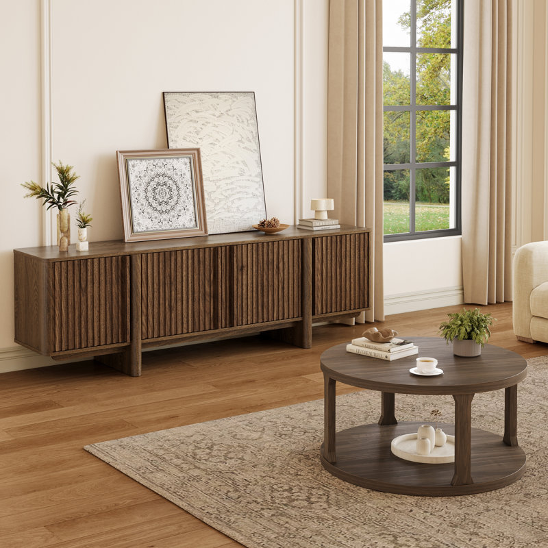 Ensemble de salon moderne 2 pièces, meuble télé cannelé de 70 po avec rangement et table basse ronde à 2 niveaux