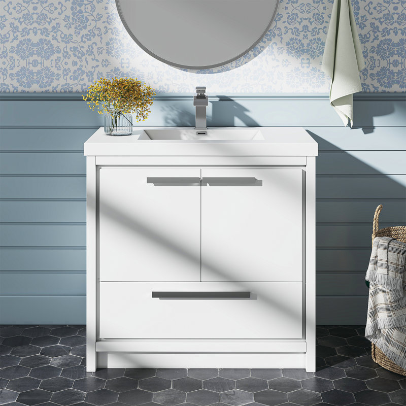 Meuble-lavabo simple 36 po avec plateau en marbre de culture, armoire de salle de bain moderne pré-assemblée, finition blanche, avec lavabo inclus