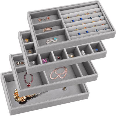 4 plateaux de rangement de bijoux empilables, 4 tiroirs de rangement en velours, boîte de rangement