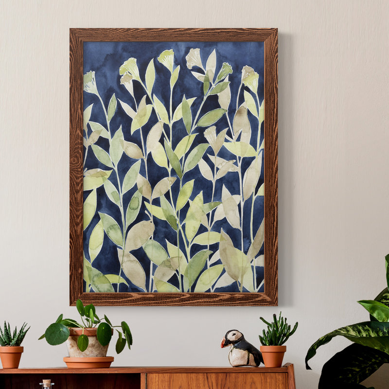 «Indigo Blooming Night I», peinture sur toile encadrée, H 23 po x l 32 po x P 1 po, Érable encadré