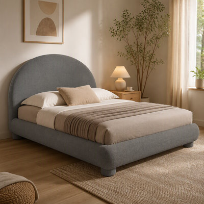 Gray Full Size Teddy Boucle Upholstered Platform Bed with Curved Arched Headboard Plywood Frame Wooden Slats No Box Spring Needed and Easy Assembly