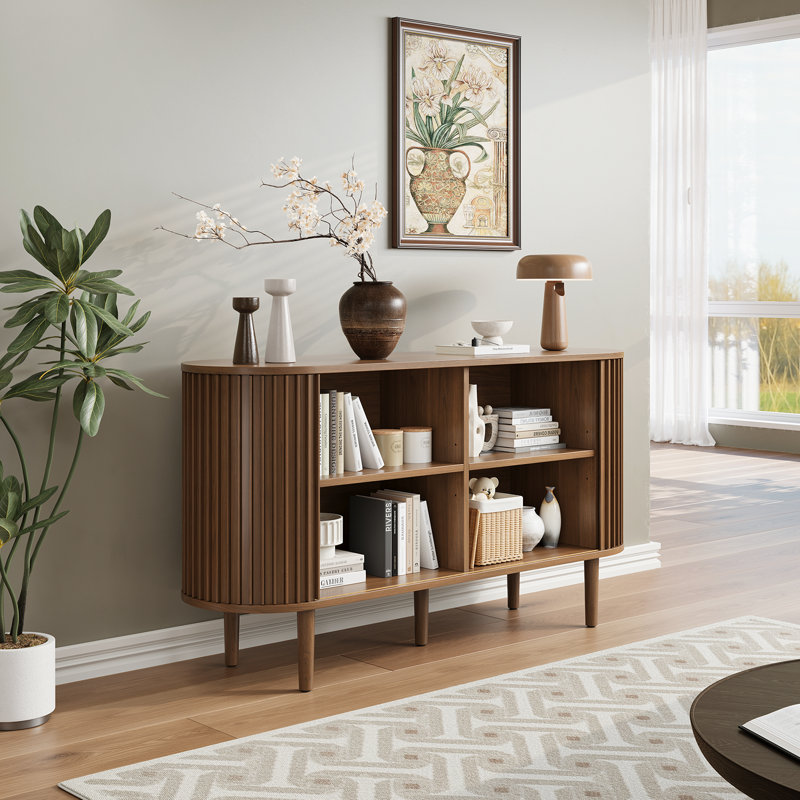 Buffet de 55,1 po de style Mid-Century avec portes tambour 3D, buffet avec tablettes réglables pour la salle à manger et le salon
