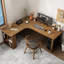 Bureau en coin en L en bois massif avec tablettes de rangement-889119678