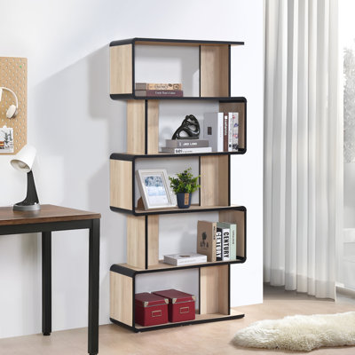 Modern 5-Tier Freestanding Wooden Bookshelf, Geometric Open Shelf Bookcase for Living Room, Bedroom or Home Office, Oak/Black