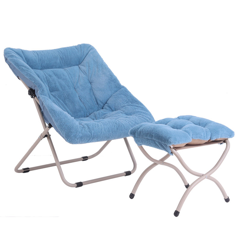 Saucer Chair with Ottoman, Soft Faux Fur Oversized Folding Accent Chair, Blue Polyester Blend