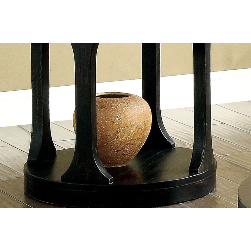 Table de bout transitionnelle avec finition noire antique, structure ronde et bois massif, tablette ouverte pour plus de rangement, profondeur de 22 pouces, tablette en bois avec pieds en I, large