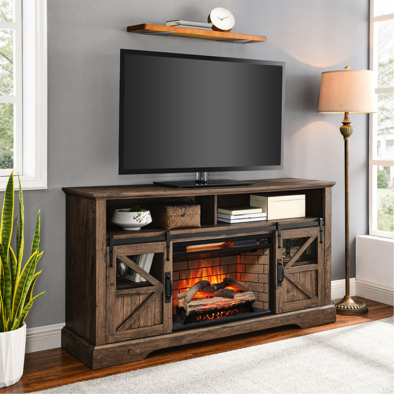 Meuble télé électrique pour foyer de 60 po, couleur récupérée, ajustement de 70 po, contrôle de la chaleur et de la flamme, conception réglable de 60 po, aménagement, protection contre la surchauffe, évent