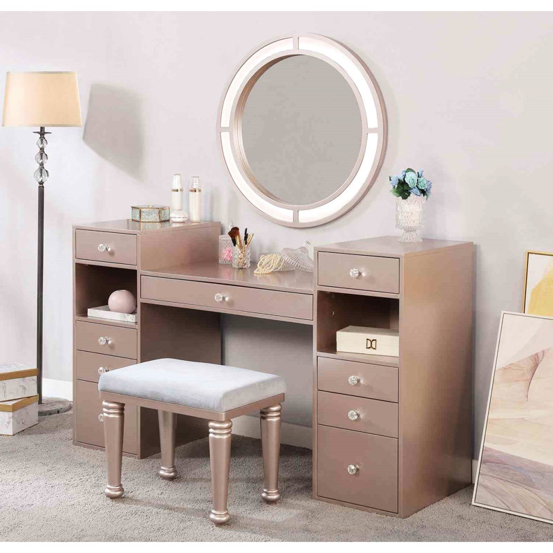 Meuble-lavabo et tabouret rembourré, miroir de 3 m, conduit en rosé, bois massif, 5 tiroirs et plus pour la chambre à coucher avec décor