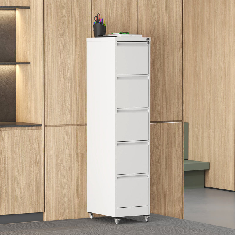 Classeur vertical en métal 5 tiroirs avec roulettes verrouillables, armoire de rangement en métal robuste, Blanc