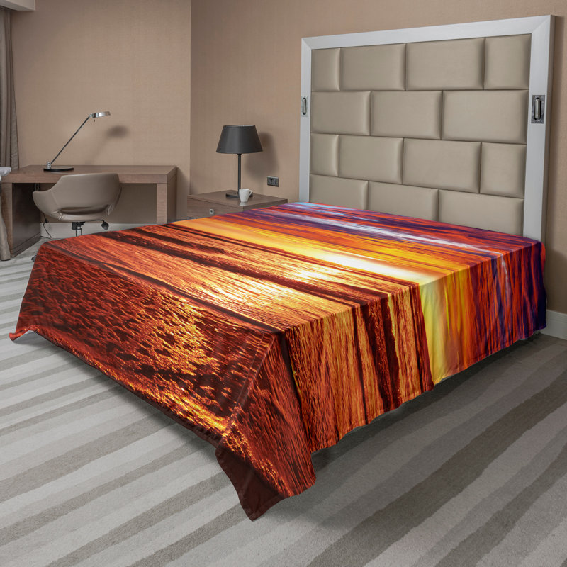 Ambesonne Hawaii Top Flat Sheet Sea Sunset Twilight Yellow Orange, Full Flat Sheet