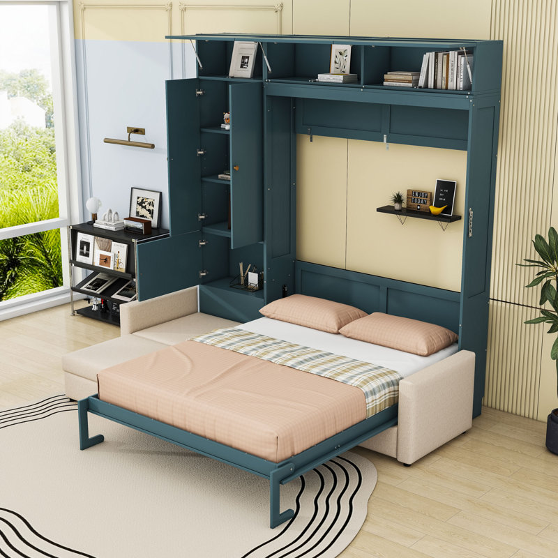 Grand lit escamotable en bois avec canapé en L et tablettes, Beige