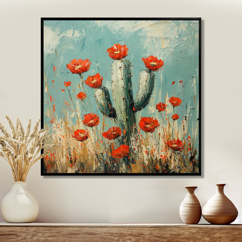Cactus et les fleurs du désert I - Cactus, art mural, Impression encadrée flottante, Noir, noir, noir, noir