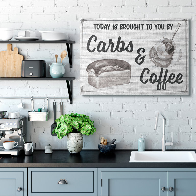 «Carbs and Coffee Kitchen Humor Rustic Word Design» par The samedi Evening Post, impression sur toile non encadrée