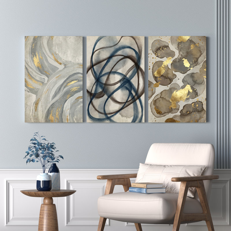Abstrait or et gris tourbillons sur toile tendue, ensemble de 3 reproductions d'art, H 36 po x l 72 po
