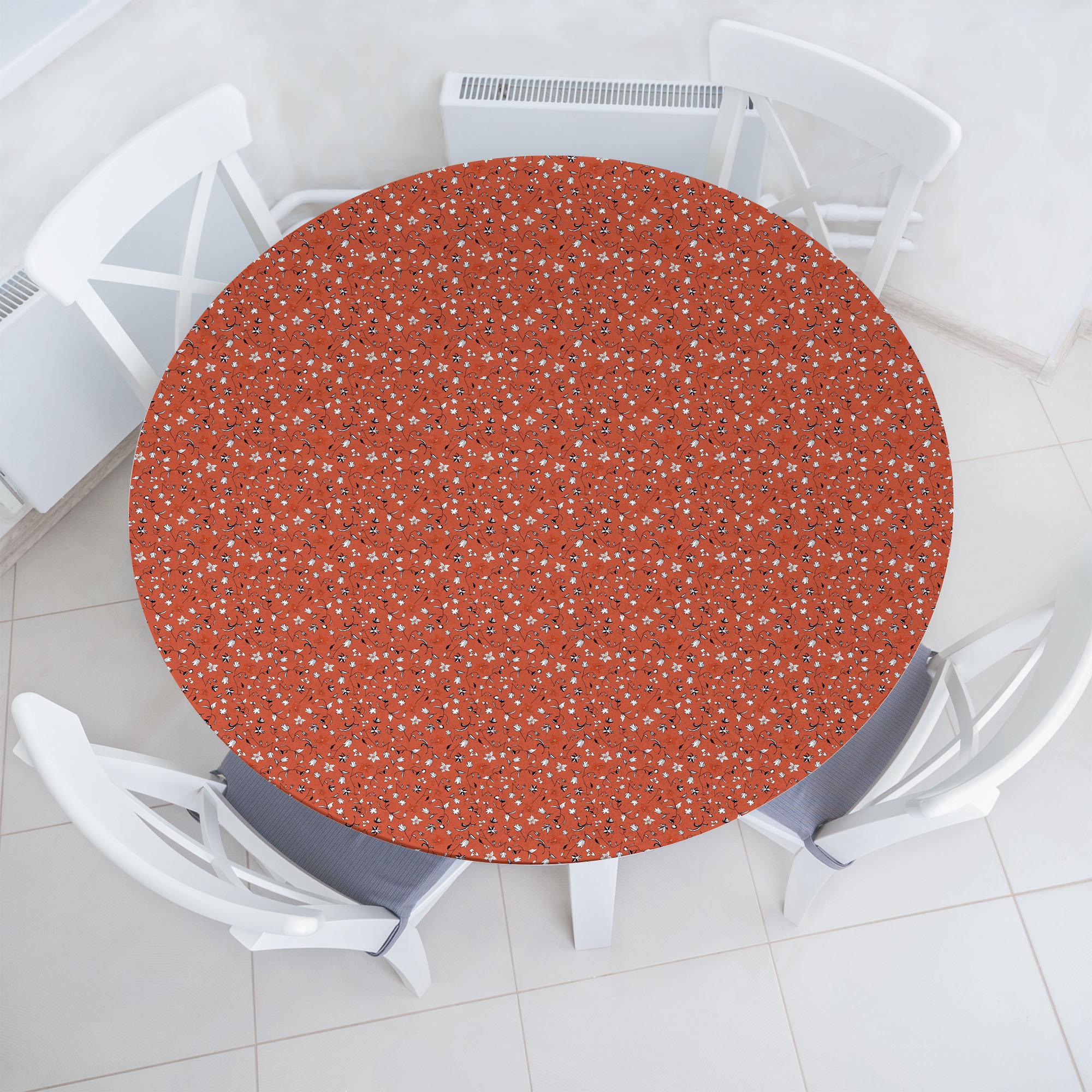 Ebern Designs Floral Fitted Round Tablecloth Rust Charcoal Grey and ...