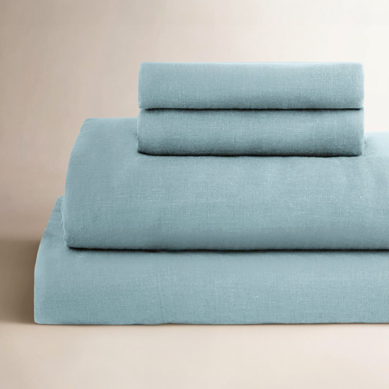 100% French Linen Sheet Set, California King Sheet Set with 2 Pillowcases, Wave