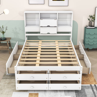 Camay Queen Size Wood Platform Bed with Storage Headboard and 8 Drawers