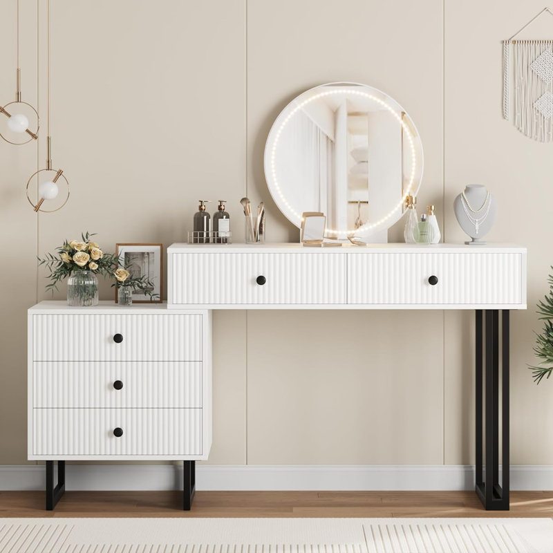 Vanity Desk with Mirror and Lights, Small Makeup Vanity with 5 Drawers, Modern Makeup Vanity Organizer with 3 Color Lights