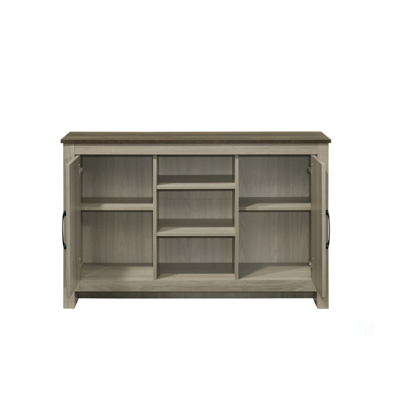 Console en chêne gris de 47 po Nilda avec tablettes, portes d'armoire et système de gestion des câbles pour une vie moderne