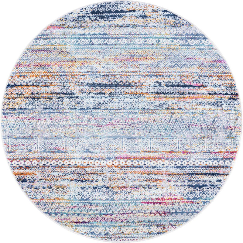 Tapis géométrique bleu / gris / mauve, Rond 3 pi 7 po