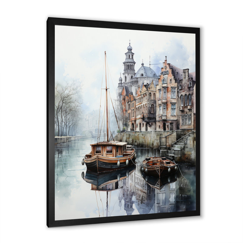 «Beige Canal Reflections» en monochrome sur toile, Cadre photo noir, H 20 po x l 12 po x P 1 po
