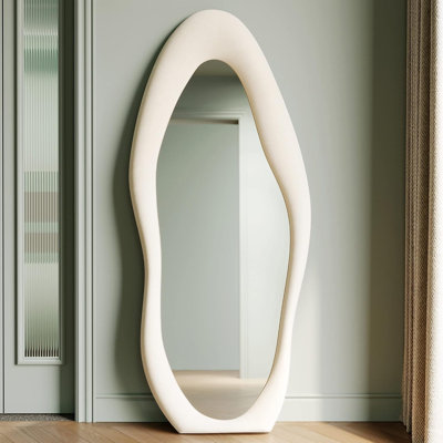 Full Length Mirror With Flannel Wrapped Wooden Frame, Irregular Wavy Design Wall Mirror, Large Floor Mirror For Bedroom Living Room Cloakroom, Premium Floating Glass For HD Reflection