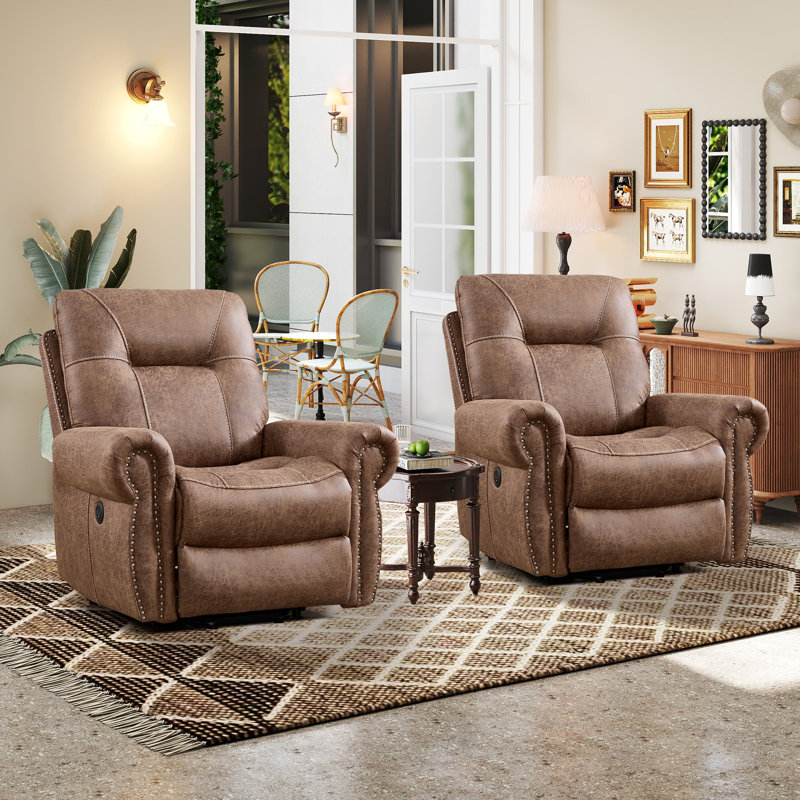 39.37'' Wide Modern Power Lift Assist Recliner With Massage, Heat & USB + Type-C Charging (Set Of 2), Vintage Brown