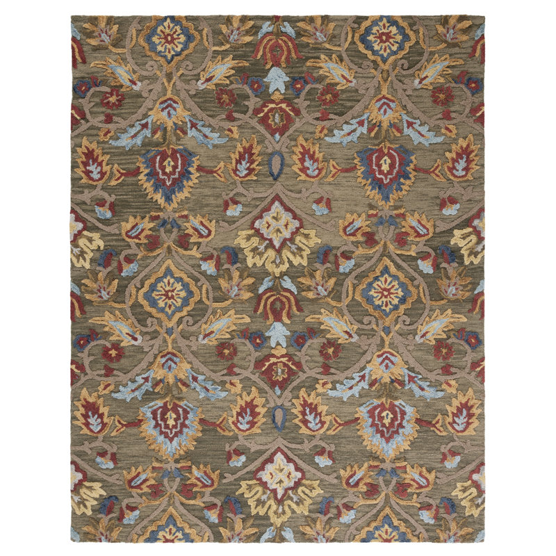 Tapis vert / multicolore en laine fait à la main Tansy, Rectangle 6 pi x 8 pi