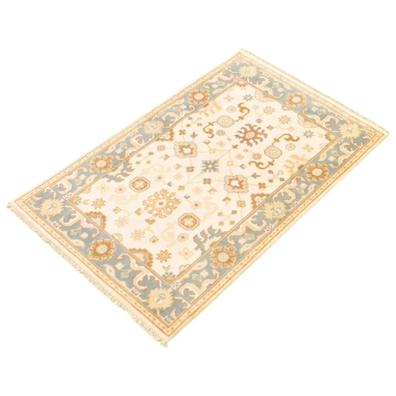 Tapis décoratif en laine noué à la main de conception unique 3 pi 10 po x 5 pi 11 po Diamantia New Age Ivoire/bleu clair