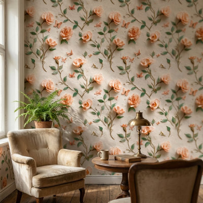 Papier peint floral rétro avec papillons