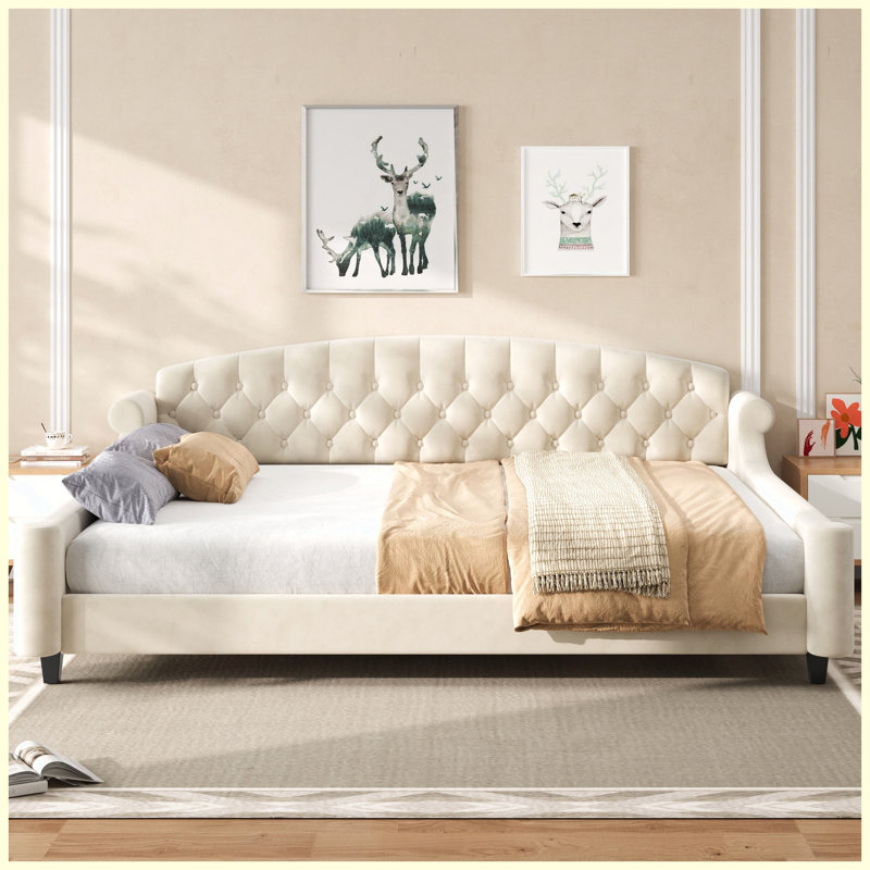 Grand lit de jour moderne capitonné à boutons capitonné de luxe, beige, pour la chambre du salon