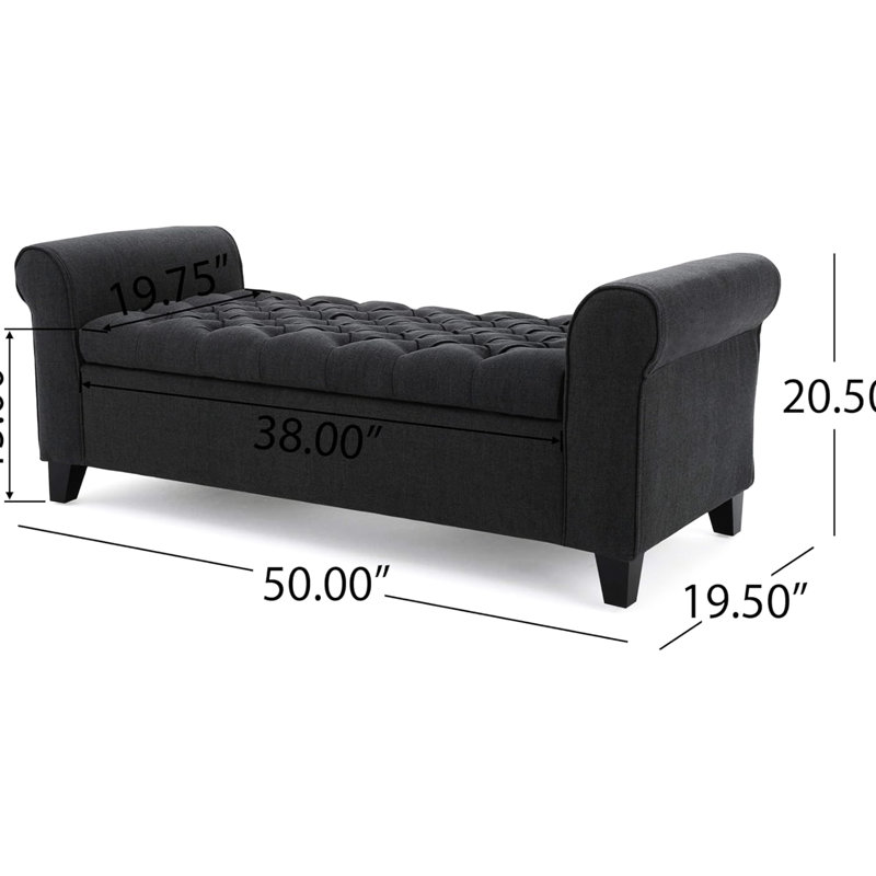 Banc de rangement moderne en tissu avec accoudoirs à boutons et accoudoirs roulés de luxe gris foncé
