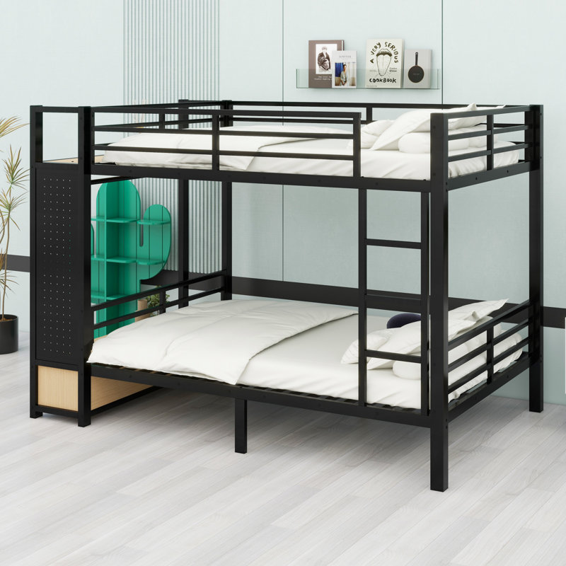 Lit superposé en métal pour les adolescents avec tablettes de rangement, tiroirs et panneau perforé, Double sur double