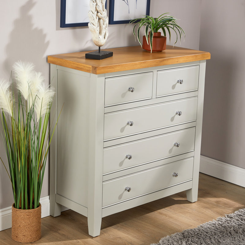 Easton Fully Assembled Painted Solid Wood with Oak Veneer 5 Drawer Chest Storage Unit, Grey
