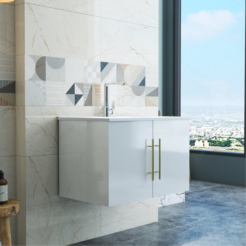 Meuble-lavabo mural blanc brillant 30 po avec lavabo, portes doubles, crochets à fermeture en douceur, installation facile, lavabo en céramique, blanc brillant