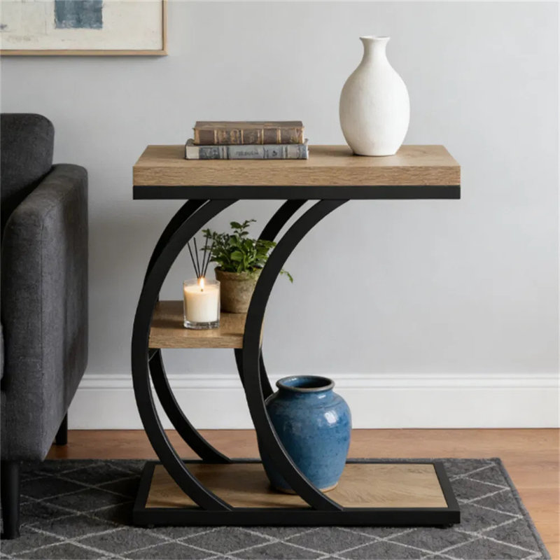 Table d'appoint à 3 niveaux en C avec support de rangement, table basse à grain de bois, table de bout polyvalente étroite pour le salon et la chambre à coucher