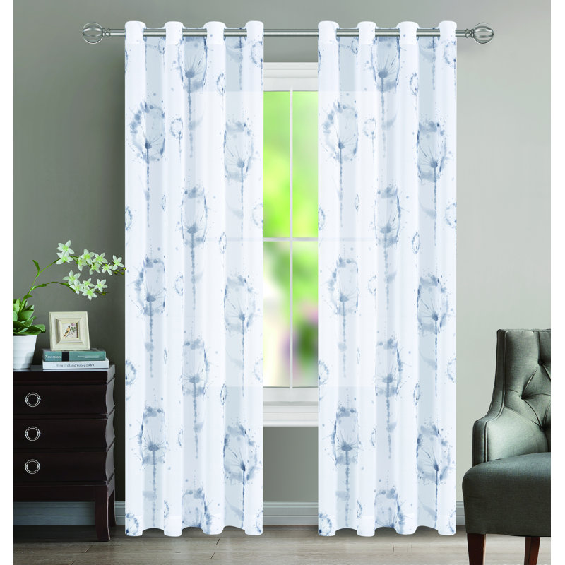 Panneau de rideau simple à oeillets semi-transparents floral Thoma, Nuage gris