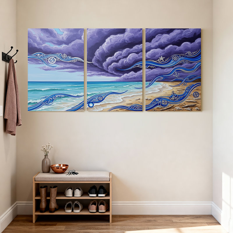 Nautique et plage, océan, vagues, ciel, nuages, plage, art, ensemble de 3 décorations murales sur toile, H 18 po x l 36 po