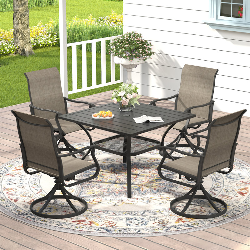 4-Person Patio Dining Set with Square Dining Table with Umbrella Hole and PVC-coated polyester Swivel Chairs, Black/Brown