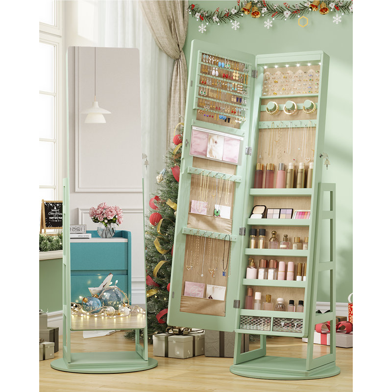 Swivel Jewelry Armoire with Full Length Mirror, Rear Storage Shelves, Lockable and 3-Color Lights, Green