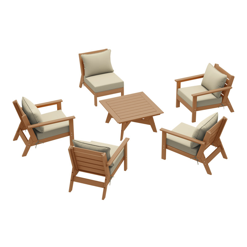 6-Piece Deep Seating Set, Beige, Teak