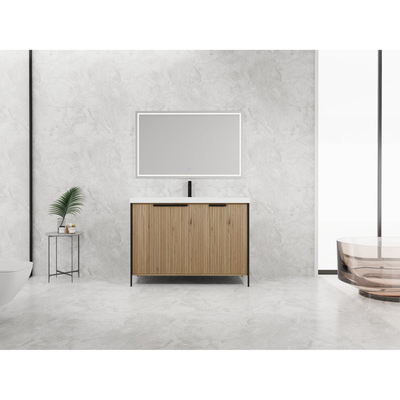 Meuble-lavabo de 48 po avec lavabo en résine. Portes à fermeture en douceur et poignées en métal. Design contemporain. Rangement intérieur spacieux. Contreplaqué. Bassin à café. Portes à poignées. Look moderne. Grand
