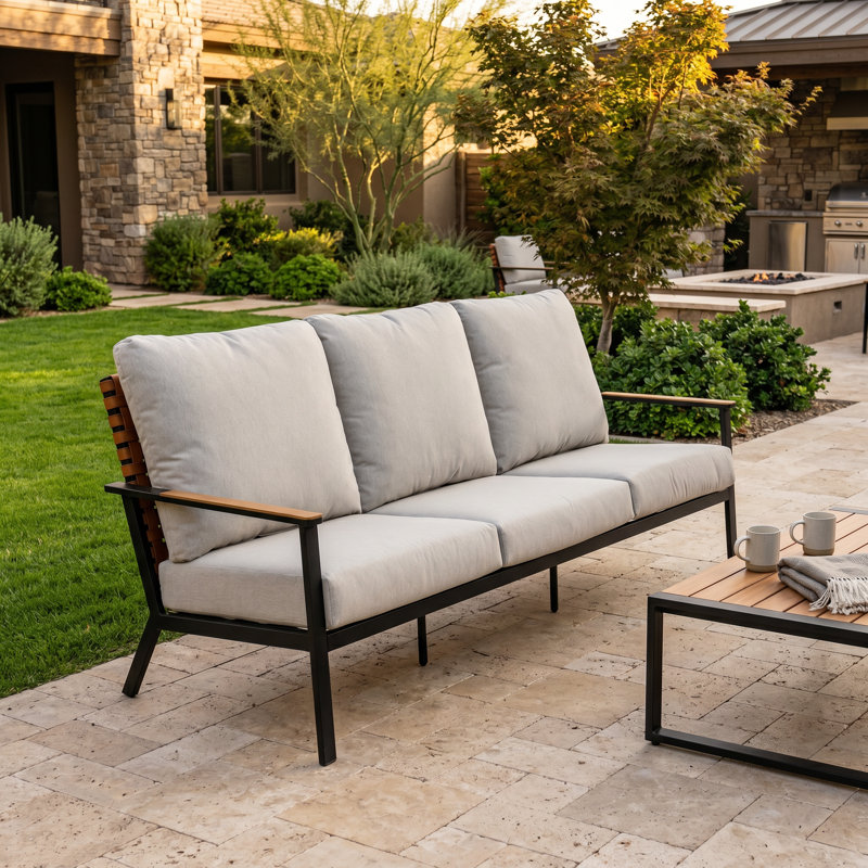 Tansi 3 Person Steel Sofa With Faux Leather Wicker