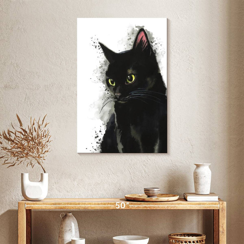Simple chat noir sur toile, H 36 po x l 24 po x P 1,25 po
