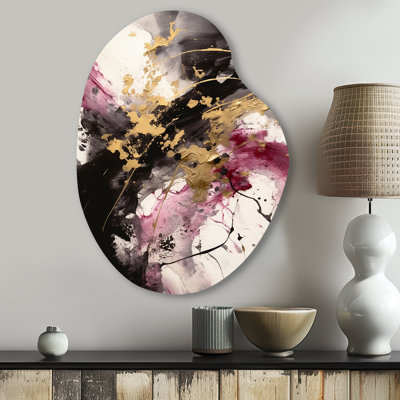 «Gold and Pink Fluid Fusion II», art mural abstrait en métal asymétrique, reproduction d'art moderne de forme irrégulière