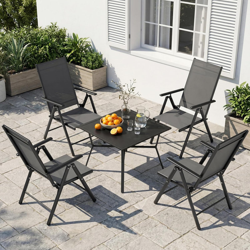 Foldable Outdoor Garden Dining Chairs, 7-Level Adjustable Reclining Backrest with Armrests, Grey